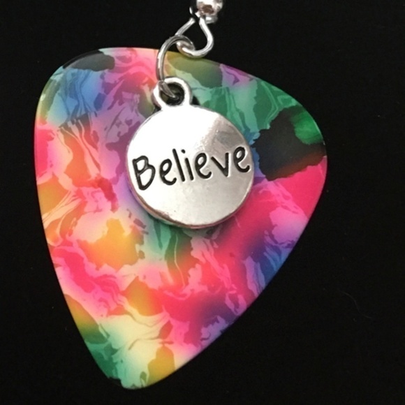 HAND Crafted Drop Repurposed Guitar Pick Earrings Tie Dye Believe - Picture 3 of 5